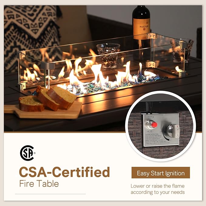 SUNSITT Outdoor Fire Pit Table 43 Inch Wicker Propane Fire Pit with Aluminum Tabletop 50,000 BTU Gas Firepit with Glass Wind Guard, Fire Glass, Lid, Cover, Brown Rattan