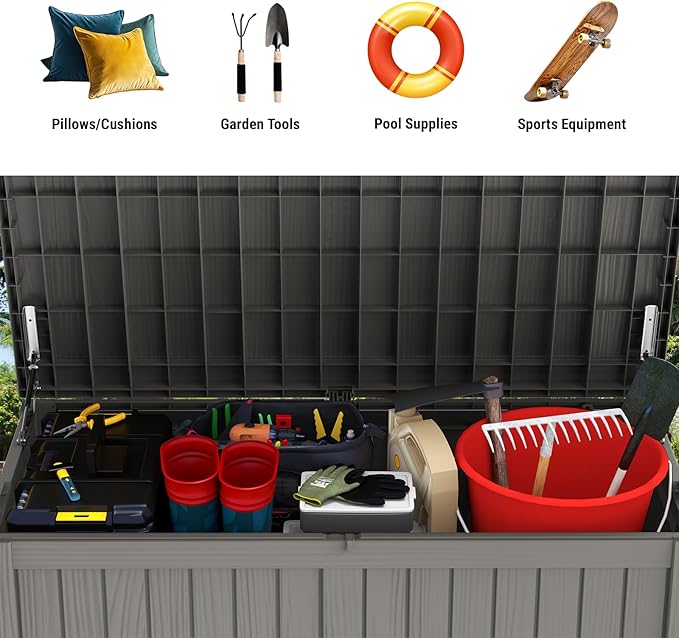 Mars Villa 180 Gallon Outdoor Storage Box, Large Resin Deck Box Waterproof, Storage Bin for Outside Patio Furniture Cushions, Pool Supplies, with Hydraulic Hinge, UV Resistant and Weatherproof, Greige