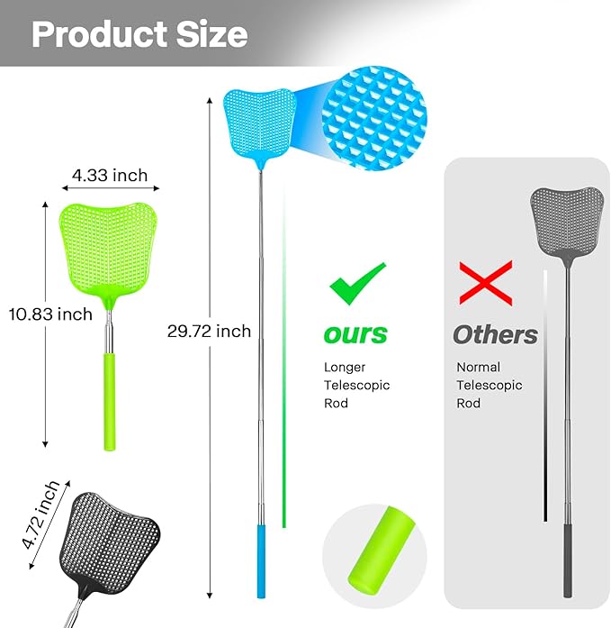 Telescopic Fly Swatter, Hiway 3 Pack Fly Swatter for Indoors Plastic Flyswatter Heavy Duty with Stainless Steel Telescopic Handle