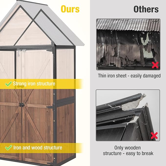 Outdoor Storage Shed,Vertical Wooden Tool Shed with Waterproof Roof,Adjustable 3 Tiers Shelves,Storage Tool Cabinet Box with Metal Frame Sloped Roof for Backyard Garden Patio Lawn (Dark Brown)