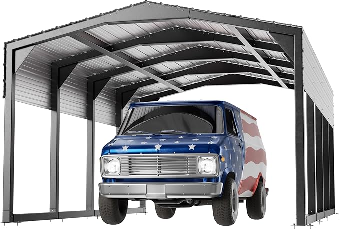 Metal Carport 12x20 FT, Heavily Reinforced Car Garage with Extra Crossbeams Kits, Auto Shelters with Steel Roof and Enhanced Base, Snow Resistance Vehicle Shed, Carports for Tractors,Boat,Truck