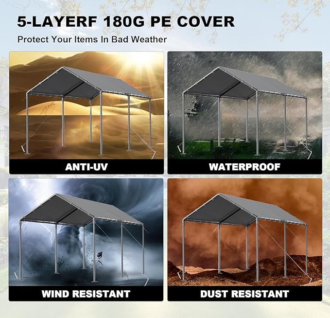 Carport, 10x20ft Heavy Duty Portable Garage, Car Port with Storage Shed, Car Canopy Car Tent with Steel Frame All-Season Tarp for Car, Truck, Boat, Party, Grey