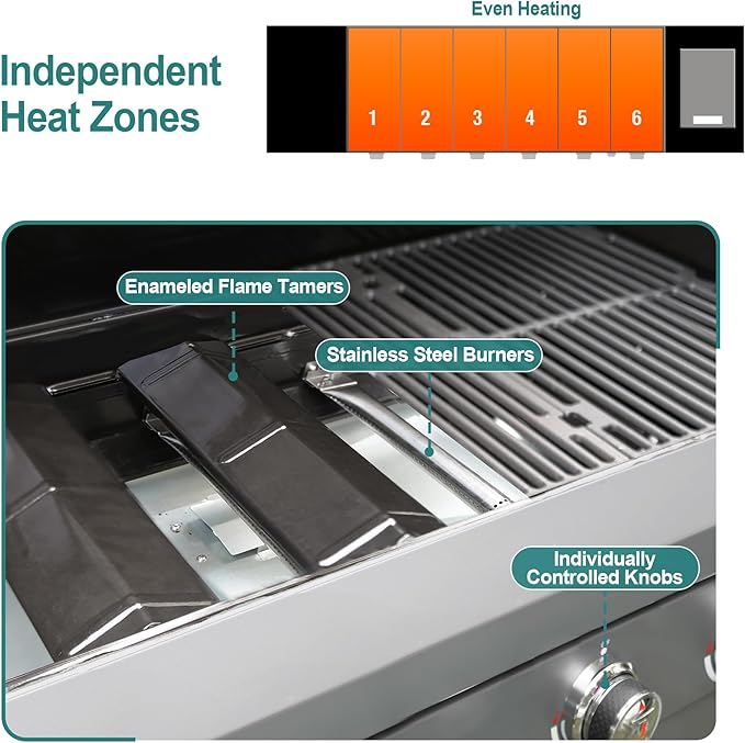 Brand-Man 6-Burner Gas Outdoor Kitchen Grill Island with Side Burner - 72,000 BTU Stainless Steel BBQ Grill Station with Storage Cabinets, Fold-out Prep Table, LPG/NG Convertible, Gray