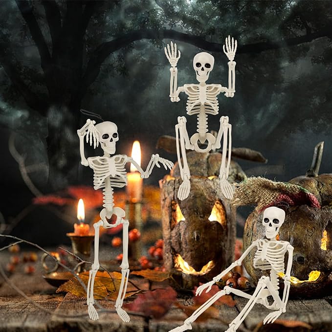 6PCS Halloween Skeleton Decorations Indoor Outdoor - 16" Full Skull Body with Movable Joint Skeleton for Halloween Indoor Outdoor Party Decor Spooky Scary Yard Lawn Garden Patio Haunted House