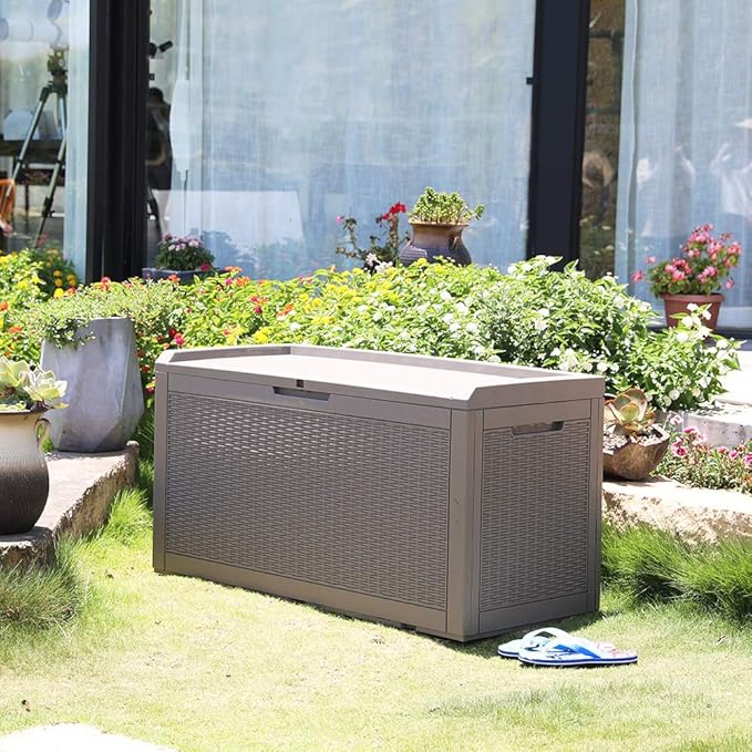 Modern-Depo 100 Gallon Polypropylene PP Deck Box Indoor Outdoor Waterproof Lockable Organization Container & Storage Bin Delivery Box with Cushion, Gray