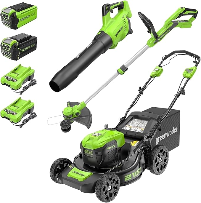 Greenworks 40V 21" Self-Propelled Lawn Mower,Axial Leaf Blower(500 CFM / 120 MPH),13" String Trimmer with 2 Batteries(5Ah+2Ah) & Chargers