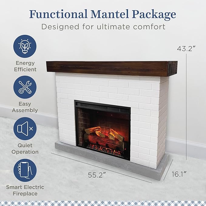 Country Living - Jackson Fireplace Mantel Package, WiFi Enabled 28” Fireplace Insert, White Brick Mantel Surround, Alexa/WiFi Enabled, 1500W