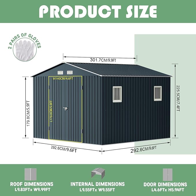 Breezz Outdoor Storage Shed 10 x 10 ft. Utility Tool Shed Metal Storage Garden Shed with Lockable Doors, Windows & Metal Frame Floor for Patio Storage,Nightblue