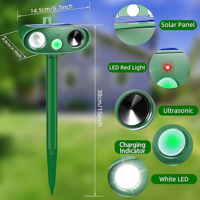 2025 2Pack Cat Repellent Outdoor Ultrasonic Animal Repellent Solar Animal Repeller with LED Flashlight&Motion Sensor Deer Repellent Device to Scare Fox Dog Squirrel Skunk Rabbit Raccoon