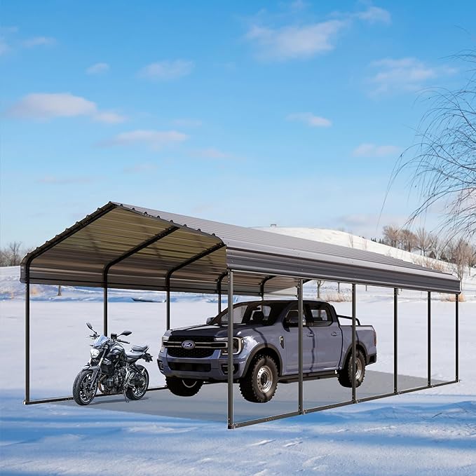 MFSTUDIO Carport 12x25 ft, Outdoor Heavy Duty Metal Shed Carports, Metal Garage Car Shelter Shade Car Port with Galvanized Roof, Frame and Bolts for Cars, Truck and Boats