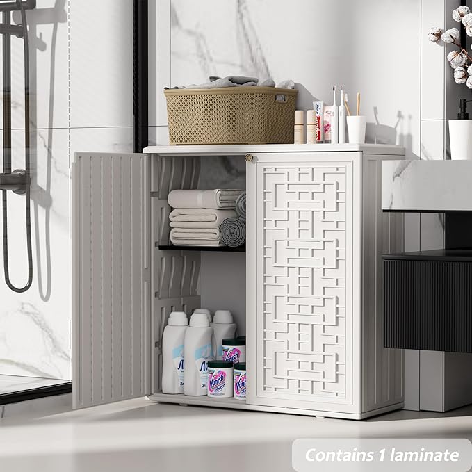 ZZM HDPE Outdoor Storage Shed, Outdoor Plastic Storage Cabinet, Horizontal Resin Tool Shed for Garden, All Weather Outdoor Storage Clearance, DIY Usage, with one Shelf (White)