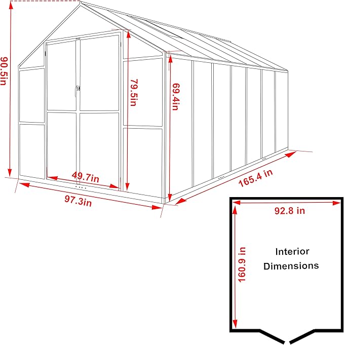 BlueWish 8x14FT Greenhouse for Outdoors, Aluminum Greenhouses with Adjustable Vents,Lockable Door, Heavy Duty Greenhouse Kit with Polycarbonate, Walk-in Green House for Garden, Gray