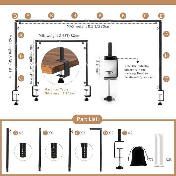 Over The Table Rod Stand with Clamps Adjustable 31-110 in Length 31-64 in Height Black Table Balloon Arch Hanging Stand with Storage Bag for Halloween Christmas Wedding Birthday Party Decoration