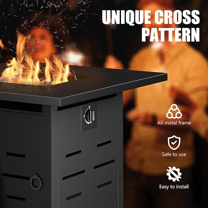 Vongrasig 30 Inch Gas Fire Pit, 50,000 BTU Propane Fire Pits for Outside, Steel Square Fire Table with Lid and Lava Rock, Patio Deck Garden Backyard