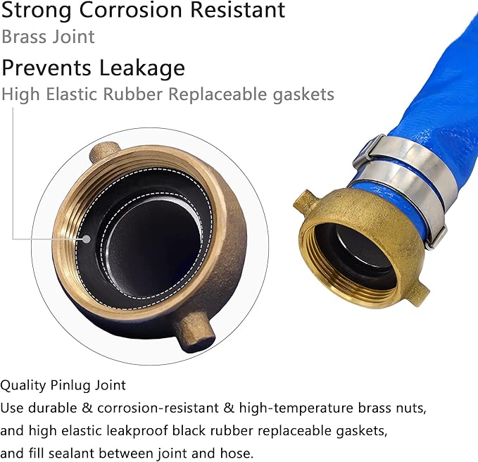 DAVCO 1" ID x 50 ft Pool Backwash Hose, Heavy Duty Reinforced Blue PVC Lay Flat Water Discharge Pump Hoses For Swimming Drain Pools and Clean Filters, With Aluminum Pin Lug Fittings