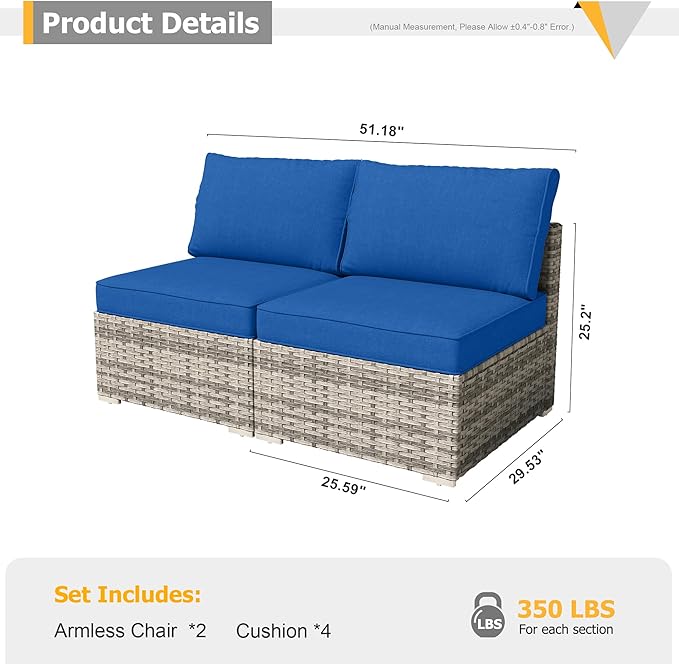 HOOOWOOO Patio Sectional Furniture Set,2 Piece Couch Set with 2 Matching Armless Chairs(Navy Blue)