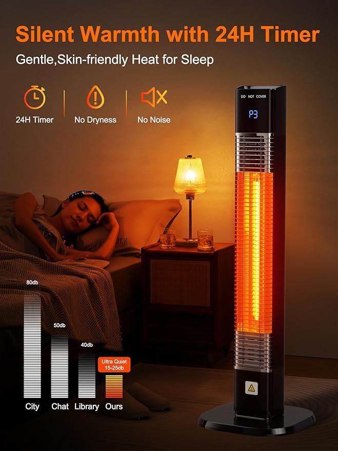 29'' Outdoor Patio Heater with Remote, 24H Timer & 1S Fast Heat, Carbon Fiber Heating Tube, 3 Heat Levels, Tip-Over and Overheat Protection, Electric Space Heaters for Backyard, Garage