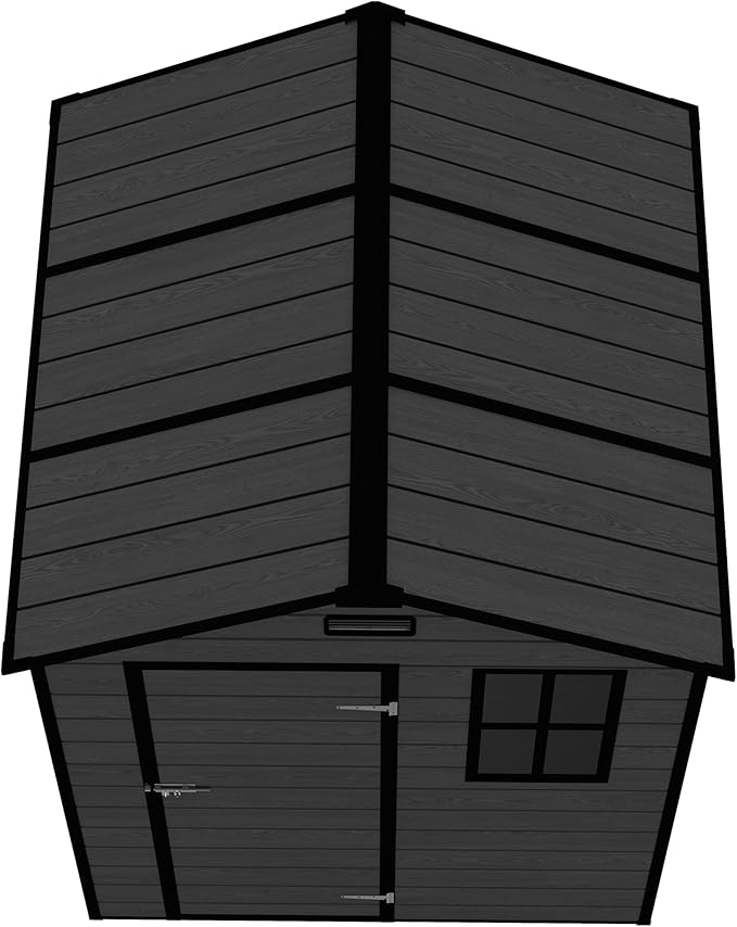 Outdoor Storage Shed 6x6 FT, Resin Shed with Floor, Waterproof Plastic Garden Bike Shed with Lockable Door, Sloped Roof, Vents & Windows, Tool Shed for Patio, Backyard, Lawn (Wood Grain Black, 6X6ft)