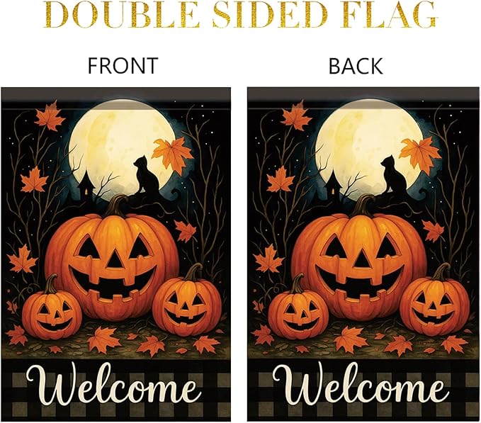 Halloween Garden Flag Pumpkin Cat Full Moon Flag 12x18 Inch Double Sided Outdoor Yard Banner for Trick or Treat Haunted House Fall Halloween Decoration Decor