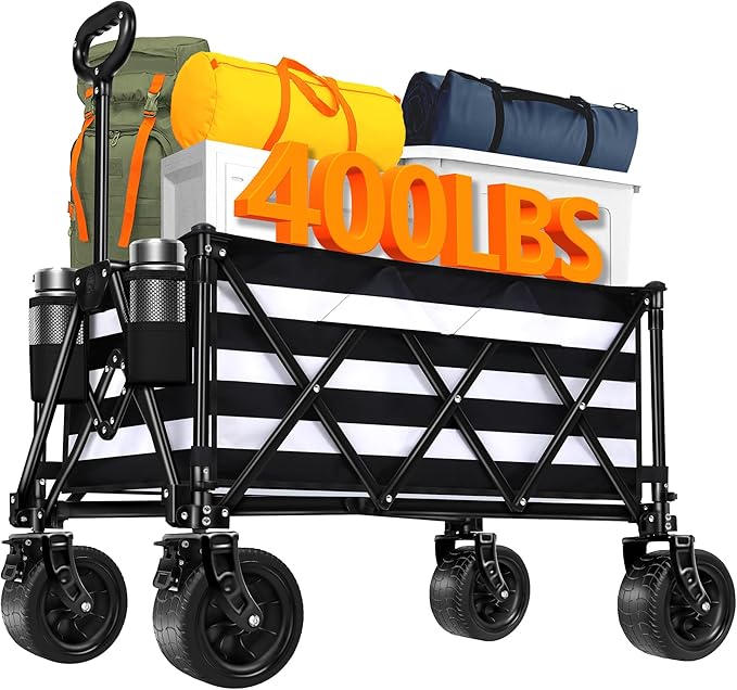 Wagons Carts Foldable with All-Terrain Big Wheels 400 LBS, Heavy Duty Collapsible Utility Wagon Cart, Folding Grocery Cart for Beach, Camping, Sports, Shopping, Garden and Fishing-Black Stripe