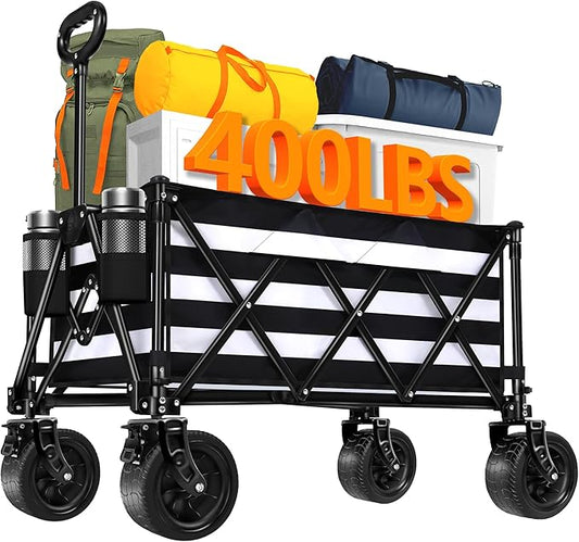 Wagons Carts Foldable with All-Terrain Big Wheels 400 LBS, Heavy Duty Collapsible Utility Wagon Cart, Folding Grocery Cart for Beach, Camping, Sports, Shopping, Garden and Fishing-Black Stripe