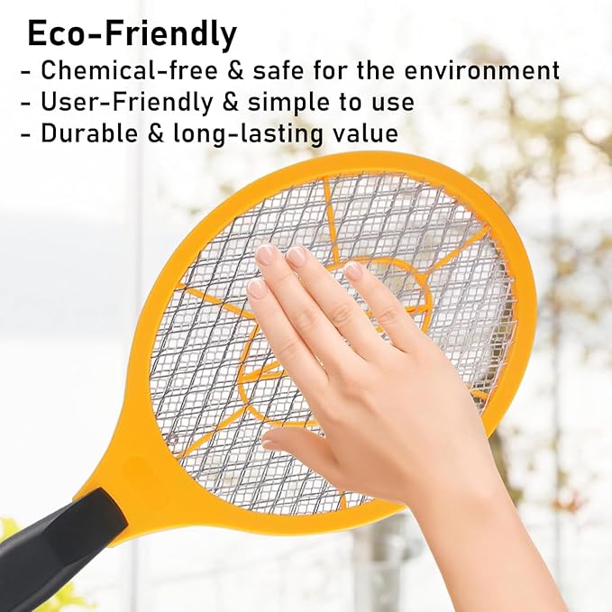 Electric Fly Swatter Handheld Bug Zapper with 2-Pack Plastic Fly Swatter- Indoor Outdoor Zapping Racket for Pest - Battery Powered Safe to Touch with 3-Layer Safety Mesh