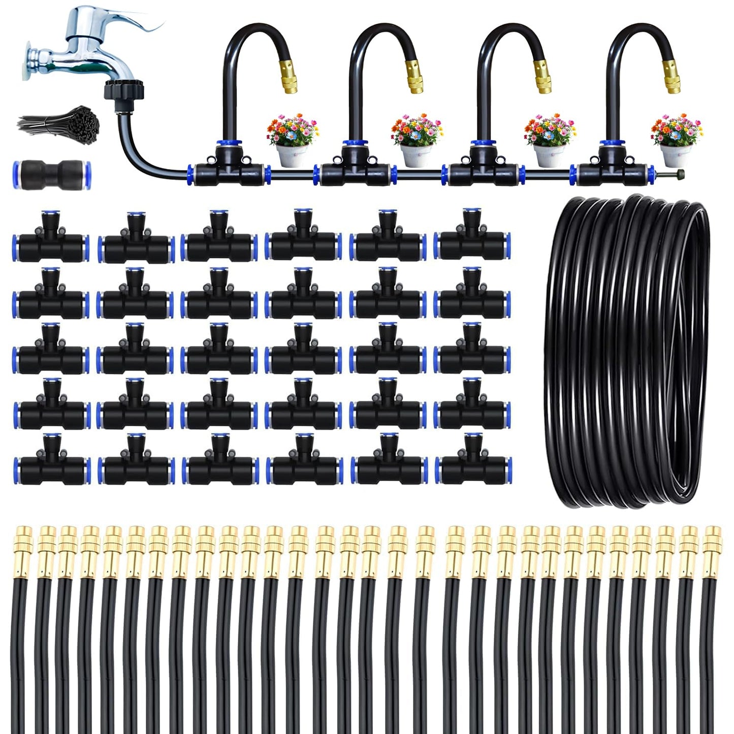 98Ft Greenhouse Drip Irrigation Kit Automatic Irrigation System 360°Adjustable 30 Brass Spray Nozzles 12mm Irrigation Tubing Hose Patio Misting Plant Watering with Blank Distribution Tubing Hose
