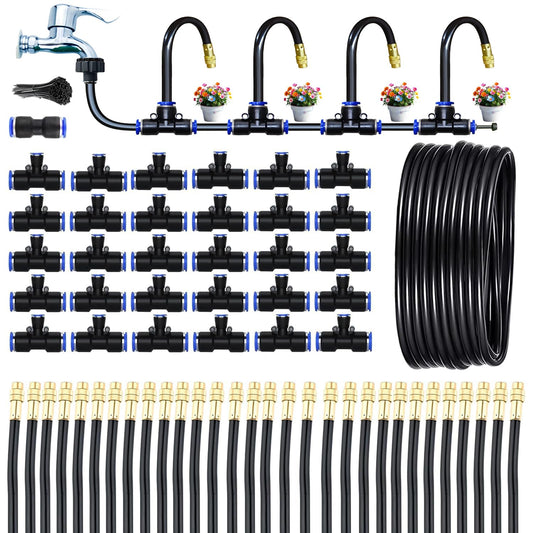 98Ft Greenhouse Drip Irrigation Kit Automatic Irrigation System 360°Adjustable 30 Brass Spray Nozzles 12mm Irrigation Tubing Hose Patio Misting Plant Watering with Blank Distribution Tubing Hose