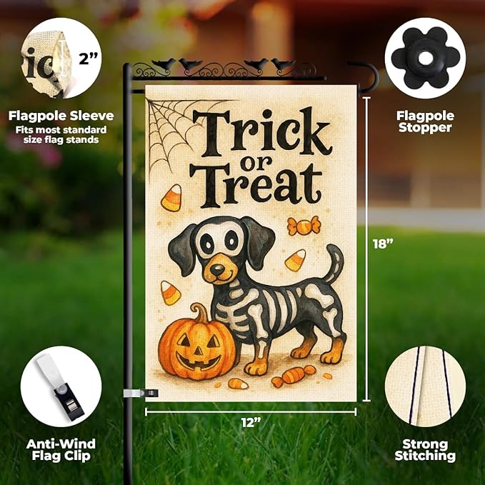 Skeleton Dachshund Dog Halloween Garden Flag – Trick or Treat Pumpkin Yard Flag 12x18, Double Sided Burlap Outdoor Decoration