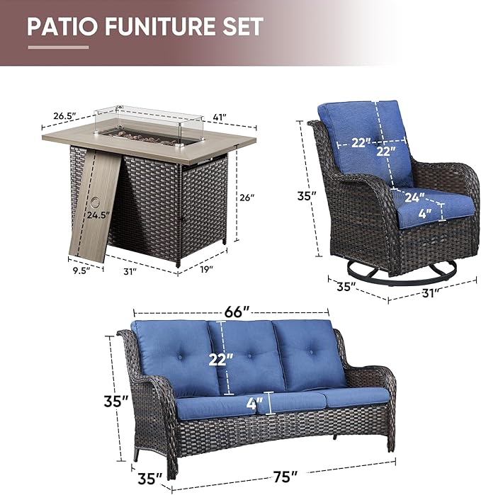 4 Piece Patio Furniture-with 50,000 BTU Gas Propane Fire Pit Table Outdoor Patio Furniture with Swivel Rocker Chairs,Outdoor Couch