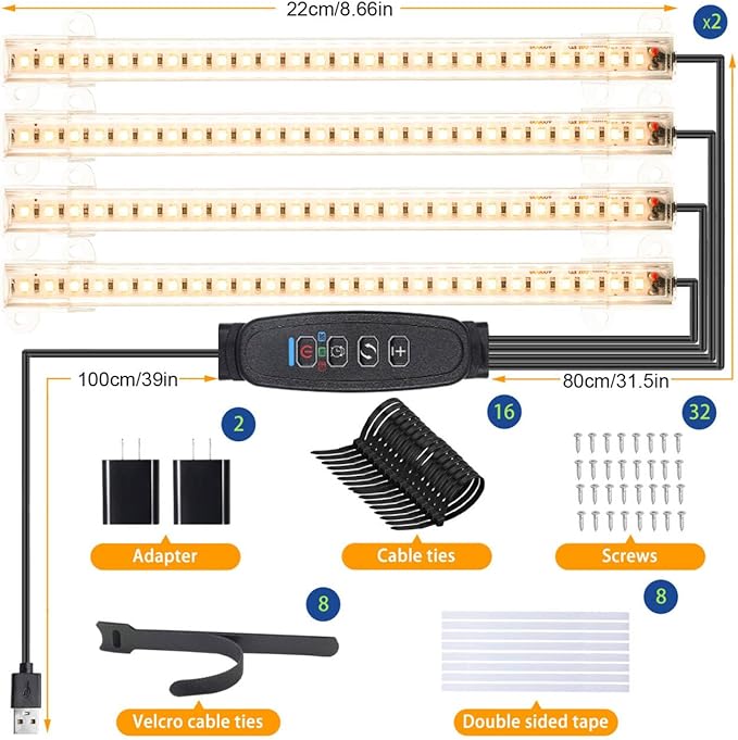 8.6 Inches LED Plant Growing Light Strips, Full Spectrum 3000K Grow Light for Indoor Plants with 3/9/12H Timer, 10 Dimmable Levels for Seedling Succulent and Plant Shelf (4 Head×2pcs)