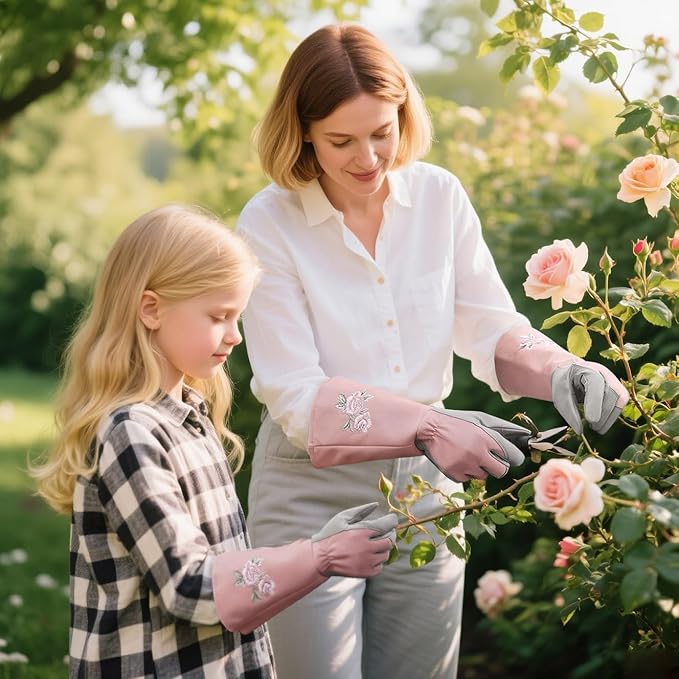 Kids Garden Gloves with Thorn Resistant, Embroidery Children Gardening Gloves with Extra Long Forearm Protection(6-8)