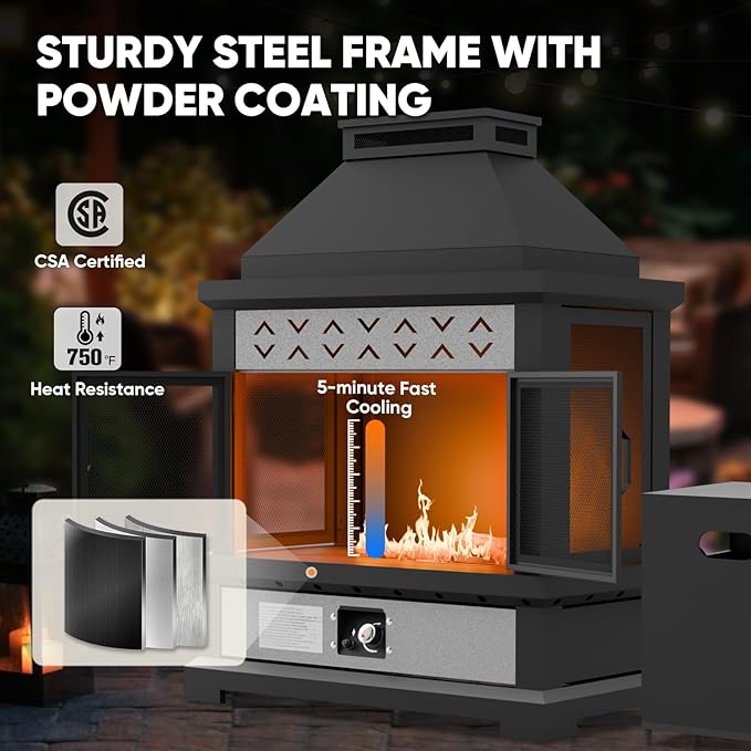 35'' Outdoor Propane Fireplace with Tank Storage & Mesh Door, CSA Certified 50,000 BTU Patio Firepit with Dust Cover for Garden, Backyard and Balcony, Black/Gray