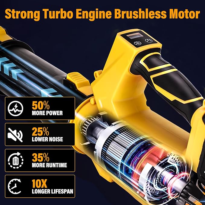 Cordless Leaf Blower with Battery and Charger，540 CFM/170 MPH,Battery Powered with 2 x 6.0Ah Batteries,6-Speed & Turbo Mode,Lightweight for Lawn Care,Patio,Leaves,Dust,and Snow Removal,Yellow