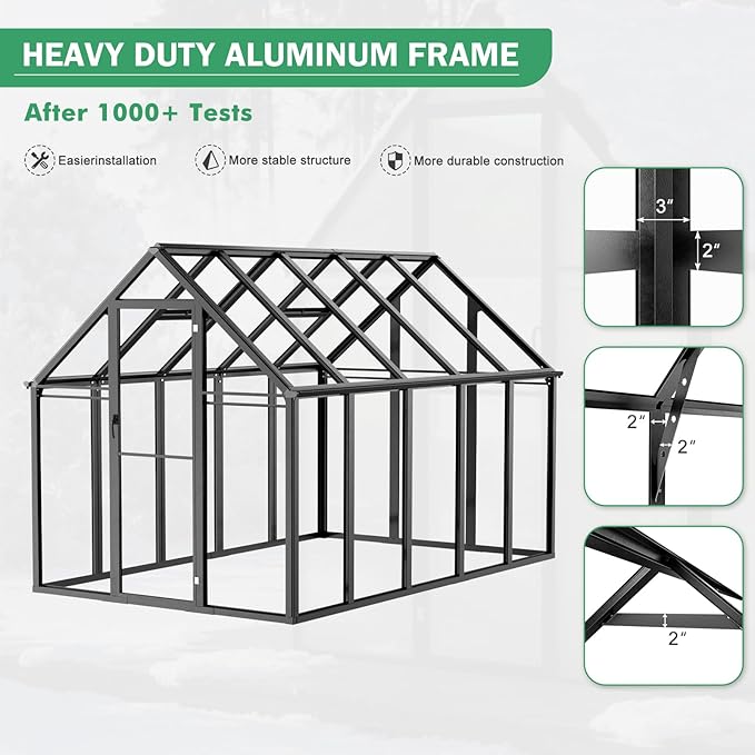 Outdoor Polycarbonate Greenhouse 10x6x6 FT Heavy Duty Aluminum Frame Outsides Green House Kit with Transparent Panels Windows Door for Backyard Garden, Walk in Plant Greenhouses,Black Thick Frame