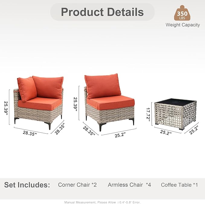 HOOOWOOO Outdoor Patio Furniture Set,7 Pieces Wicker Out Door Sectional Furniture L Shaped Couch,Outside Patio Conversation Sets with LED Table,Orange Red