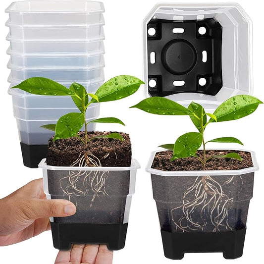 Aobiono 10 Packs 4 Inch Clear Nursery Pots with Reinforced Silicone Base for Easy Transplant, Reusable Seed Starter Seedling Small Plant Flower Pots with Drainage (Black, 10 Packs)