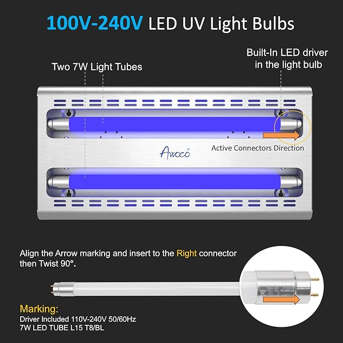 Awoco 12W LED Stainless Steel 100V-240V Wall Mount Sticky Fly Trap Lamp for Capturing Flies, Mosquitoes, Moths and Flying Insects, Perfect for Home, Restaurants, Kitchens, Warehouses