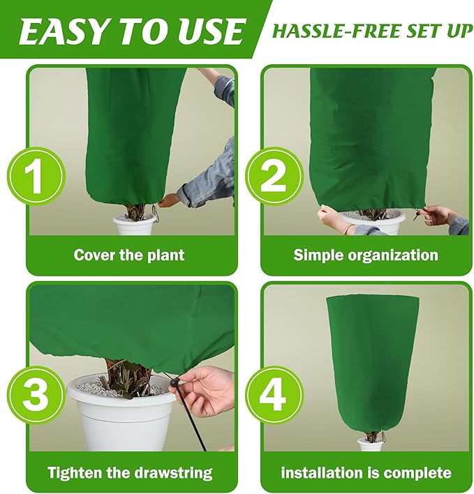 Alpurple 3 Packs Winter Drawstring Plant Covers- 31 x 39 Inch Warm Plant Protection Cover Bags, Frost Cloth Blanket Protecting Fruit Tree Potted Plants from Freezing Animals Eating