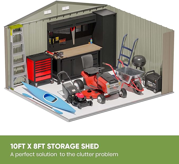 Patiowell 10 x 8 FT Outdoor Storage Shed with Floor Frame, Large Garden Tool Metal Shed with Sloping Roof and Double Lockable Door for Backyard Garden Patio Lawn,Brown