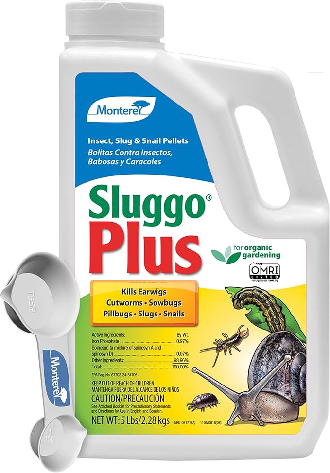 Monterey Sluggo Plus Bundled with Measuring Spoon - Snail & Slug Killer, Plus Controls Other Insects, OMRI Listed for Organic Gardening - 5 lb jug