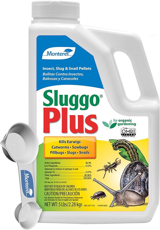 Monterey Sluggo Plus Bundled with Measuring Spoon - Snail & Slug Killer, Plus Controls Other Insects, OMRI Listed for Organic Gardening - 5 lb jug