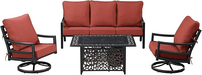 Oakland Living Black Aluminum Patio Fire Table Set with Deep Seating Sofa with Cushions and Two Club Chairs with Red Cushions