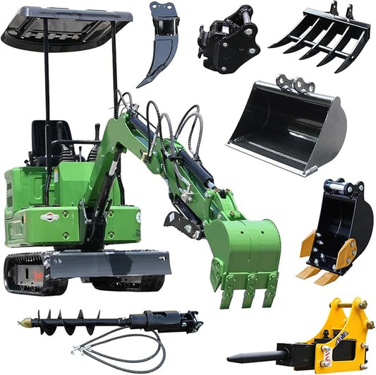 Mini Excavator for 1 Ton B&S Engine with Hydraulic Thumb Clamp,Standard Bucket, 200mm Bucket,Broken Hammer,Ripper, Mud Bucket, Rake, Auger, Quick Change Attachments (G 7 attachments)