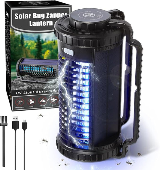Portable Solar Powered Bug Zapper, 3 Mode (Sensor Auto/UV Light/LED) Mosquito Zapper with 4000mAh Battery, Portable Waterproof Rechargeable Fly Trap for Indoor Outdoor, Home, Patio (Black)
