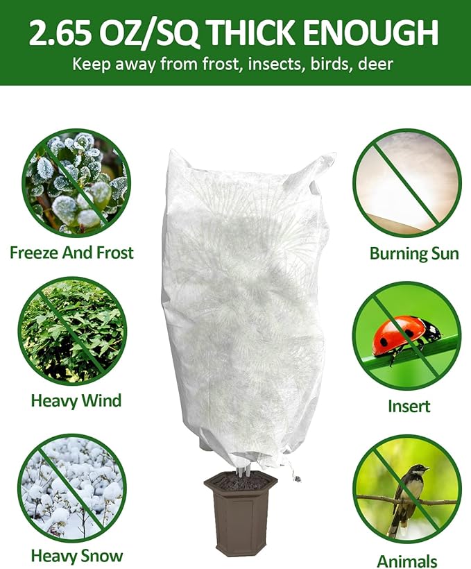 EAONE 12 Pack Plant Covers Freeze Protection, 24x32'' Winter Frosts Cloth for Outdoor Plants, Reusable Frost Blankets Drawstring Bags for Cold Freeze Sun Protection Bird Insect Prevention,White