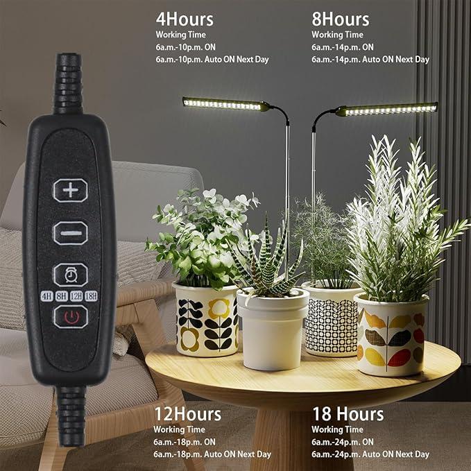 LED Grow Light 2 Pack, 6000K White Full Spectrum 144 LED Gooseneck Growing Lamp for Indoor Plants Growth,4 8 12 18Hrs Timer & Brightness Changeable,Insert Pole Extendable 4-10''