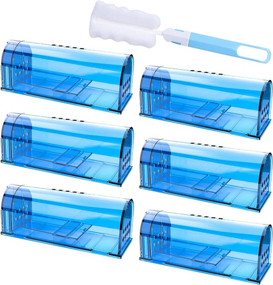 6 Pack Humane Mouse Traps No Kill, Catch and Release Live Mouse Trap Indoor for Home, Reusable Mice Trap Cage with Cleaning Brush(Blue)