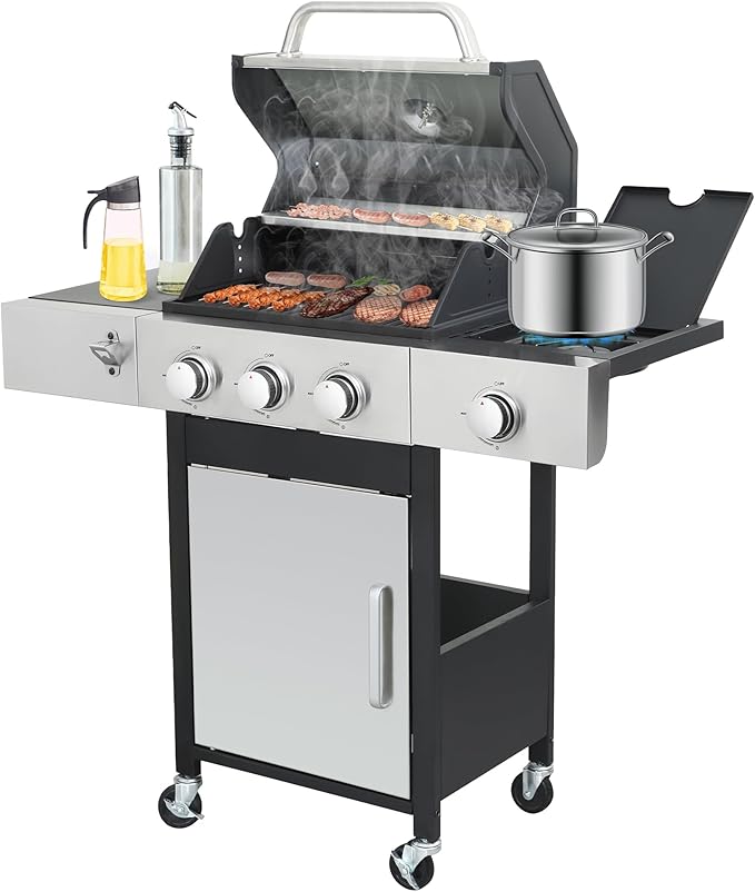 3-Burner Propane Gas Grill with Side Burner, 37,000 BTU Outdoor BBQ Grill with Porcelain-Enameled Cast Iron Grates, Thermometer, Double Layer Lid Stainless Steel Grill for Outdoor Cooking, Patio BBQ