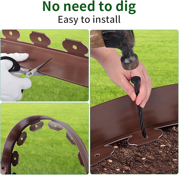 4 in x 25 Ft Garden Landscape Edging, No Dig Garden Edging Border Kit with 46 Pcs Spikes for Flower Bed Lawn Yard Grass Brown